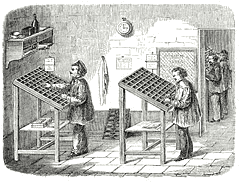Engraving men working at typecases